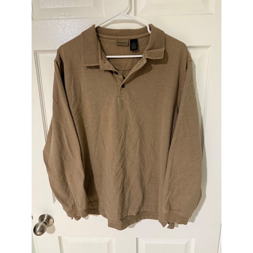 Axist Mens Long Sleeve Polo Shirt Brown Tan 100% Cotton Size M